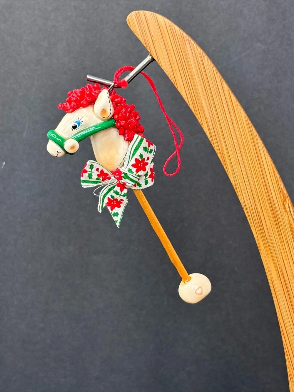 Vintage Salt Dough Christmas Ornament Hand Made Stick Horse With Bow 4.5”
